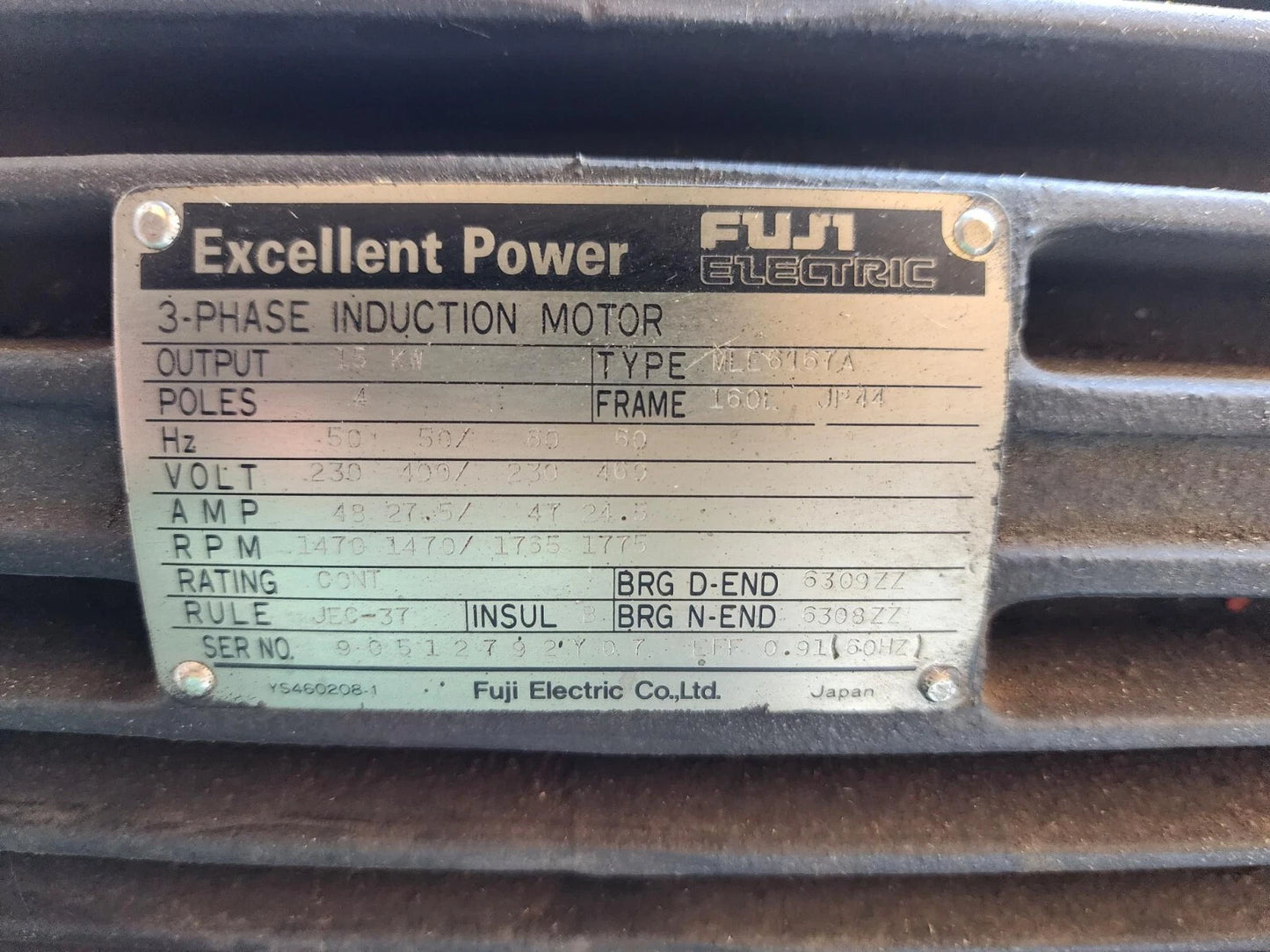 Amada Vipros Hydraulic 3 Phase Motor MLE 6167A 15KW 160L JP44 MLE6167A