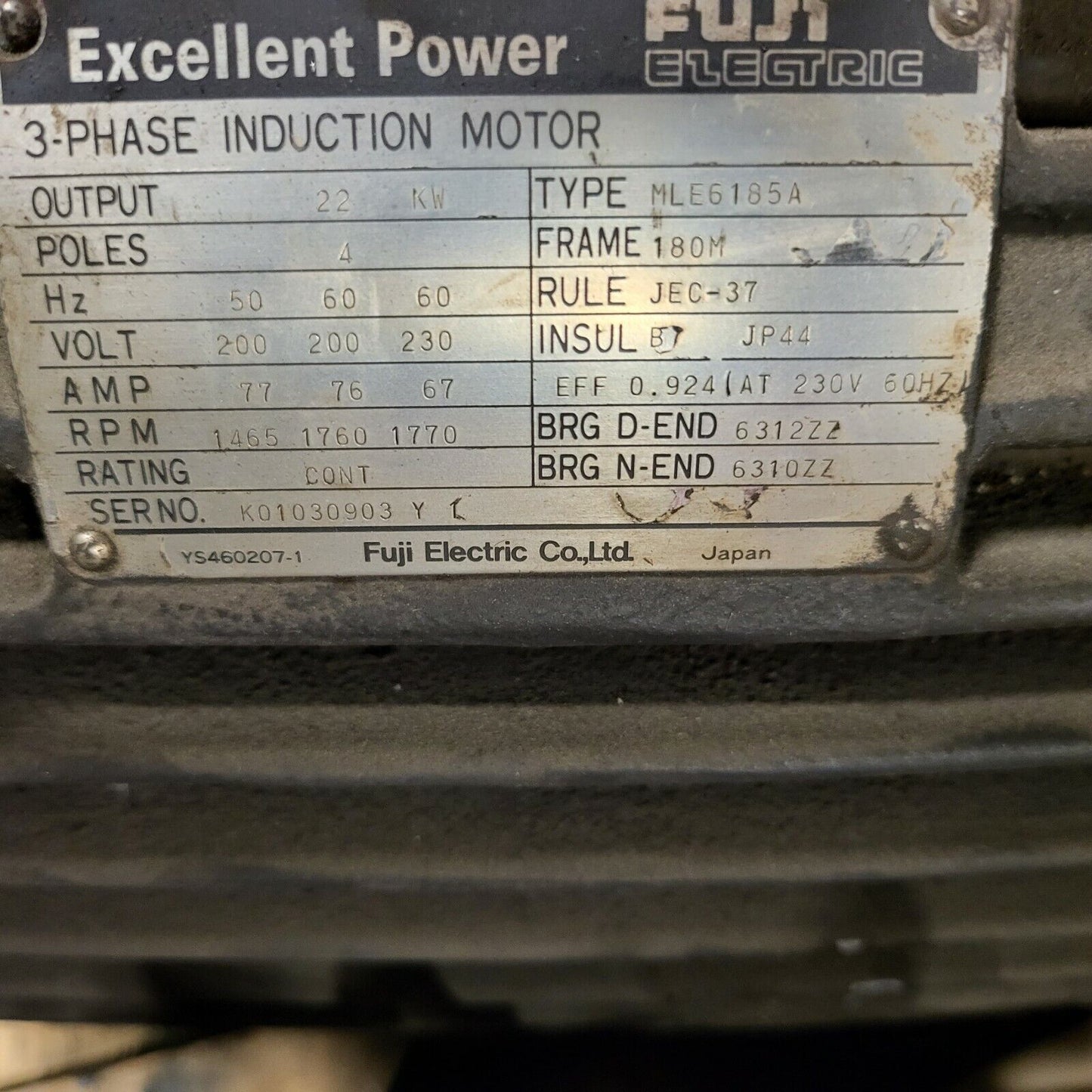 Amada Vipros Hydraulic 3 Phase Motor MLE 6185A 22KW
