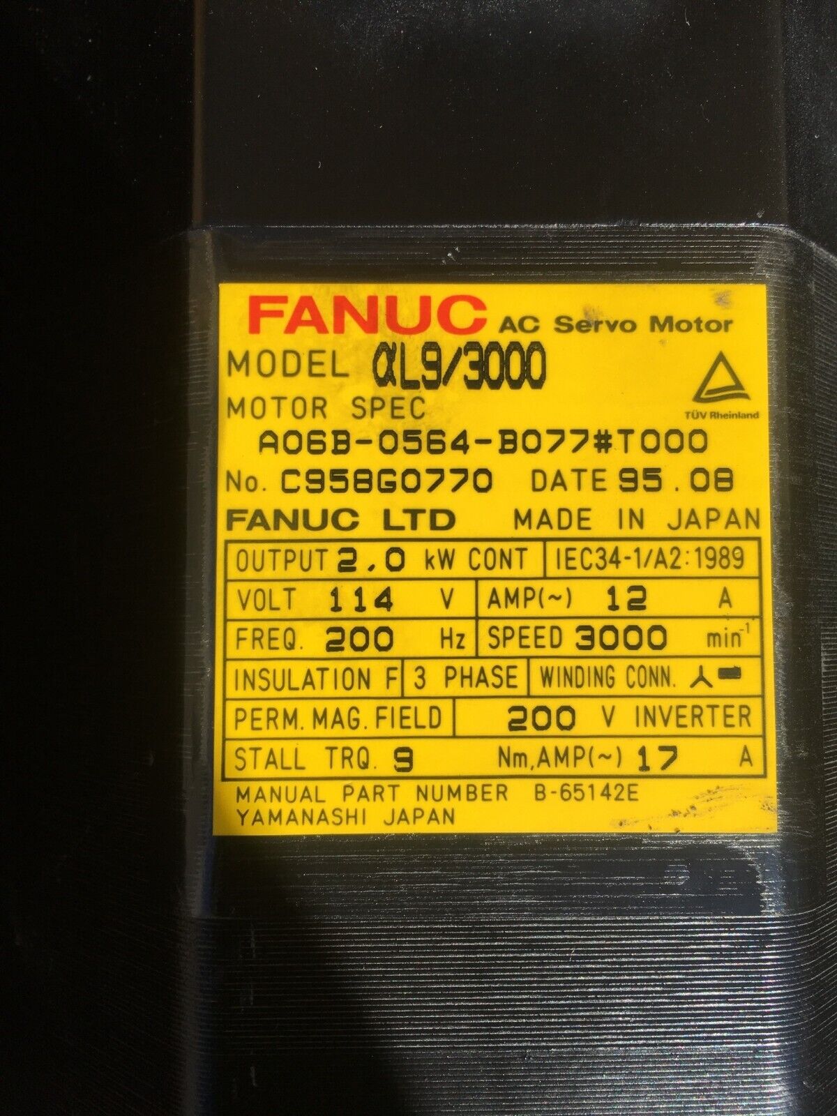 FANUC AC SERVO MOTOR MODEL ALPHA L9/3000 A06B-0564-B077 #T000