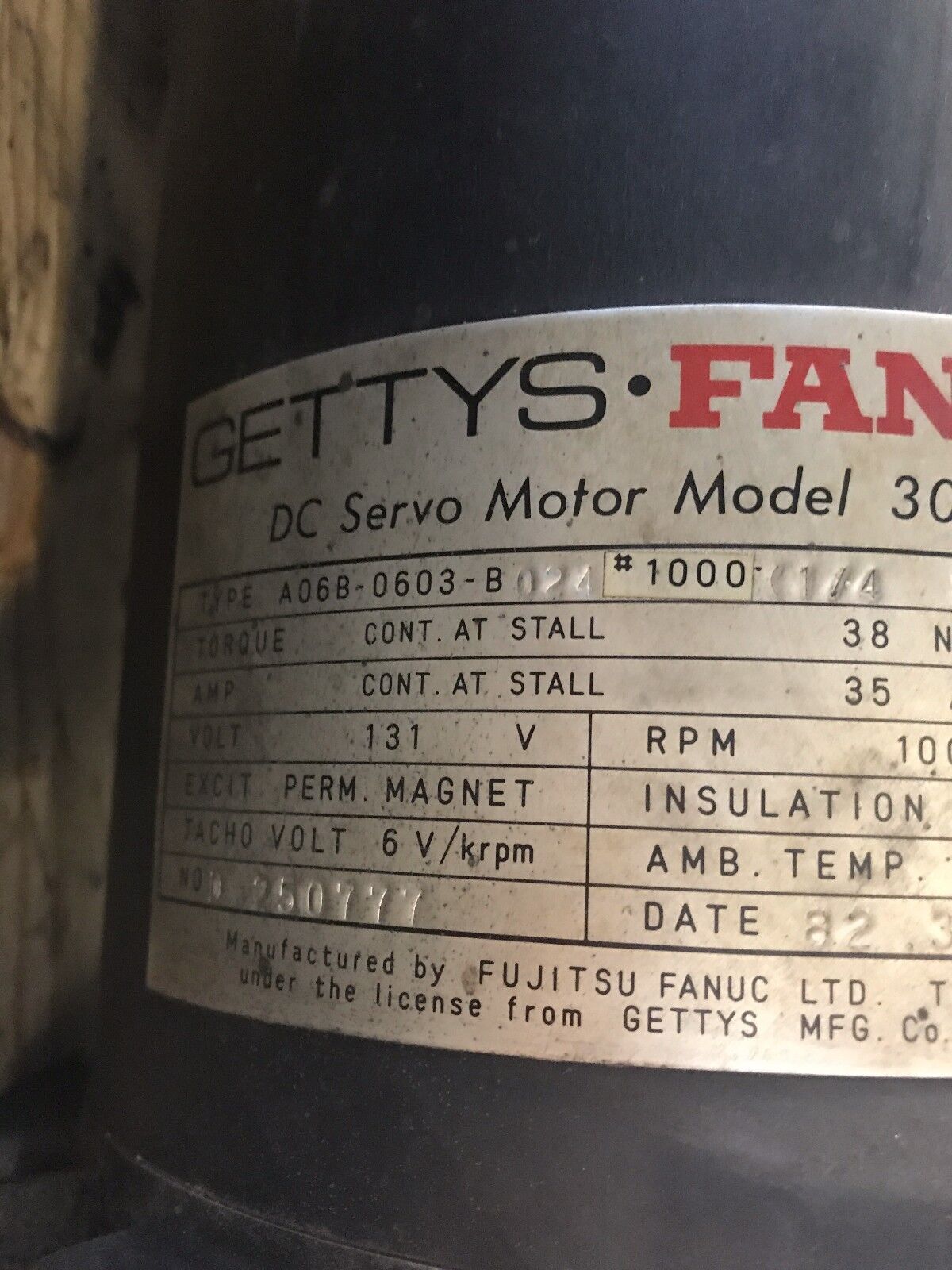 FANUC/GETTY DC SERVO MOTOR MODEL 30 A06B-0603-B024
