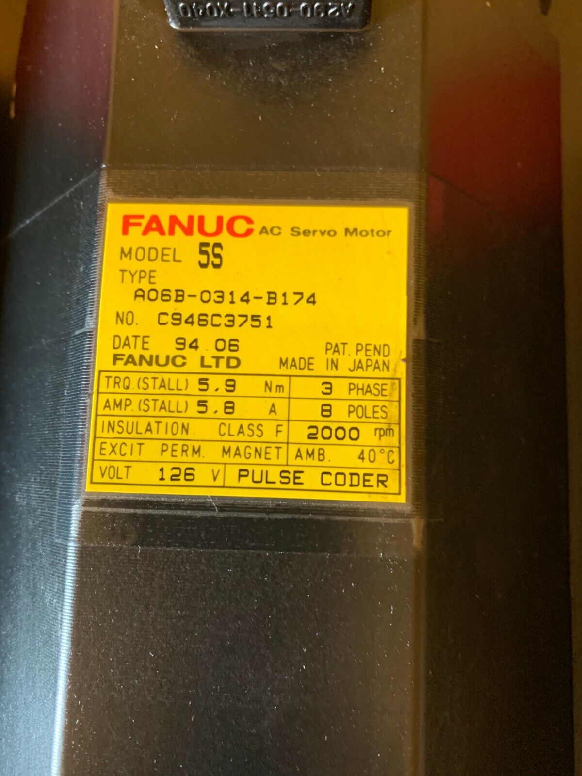FANUC A06B-0314-B174 Servo Motor 5S Puma