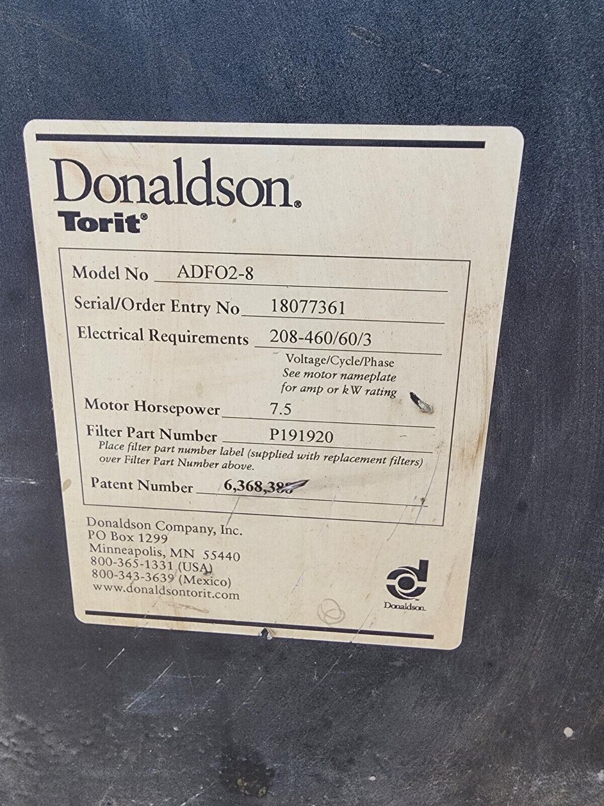 DONALDSON TORIT ADF02-8 DUST COLLECTOR Removed from Amada FO Laser